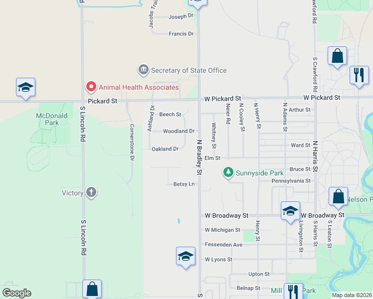 map of restaurants, bars, coffee shops, grocery stores, and more near 801 Oakland Drive in Mount Pleasant