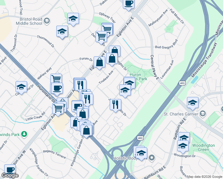 map of restaurants, bars, coffee shops, grocery stores, and more near 4893 Yorkshire Avenue in Mississauga