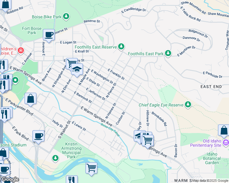 map of restaurants, bars, coffee shops, grocery stores, and more near 1307 East State Street in Boise