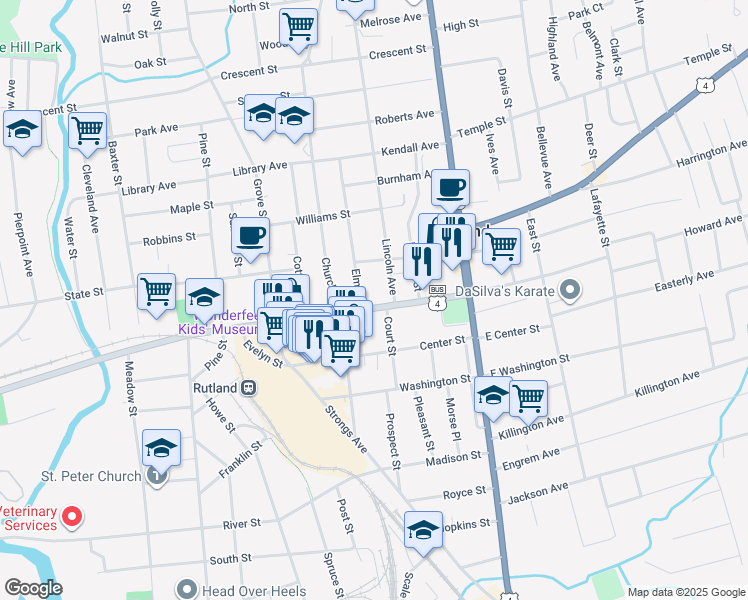 map of restaurants, bars, coffee shops, grocery stores, and more near 50 West Street in Rutland