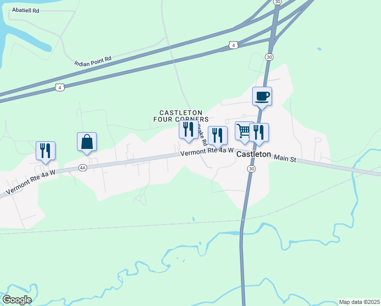 map of restaurants, bars, coffee shops, grocery stores, and more near 251 Vermont 4A in Castleton
