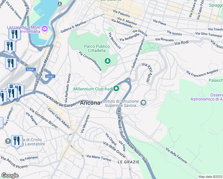 map of restaurants, bars, coffee shops, grocery stores, and more near 47 Via Valle Miano in Ancona
