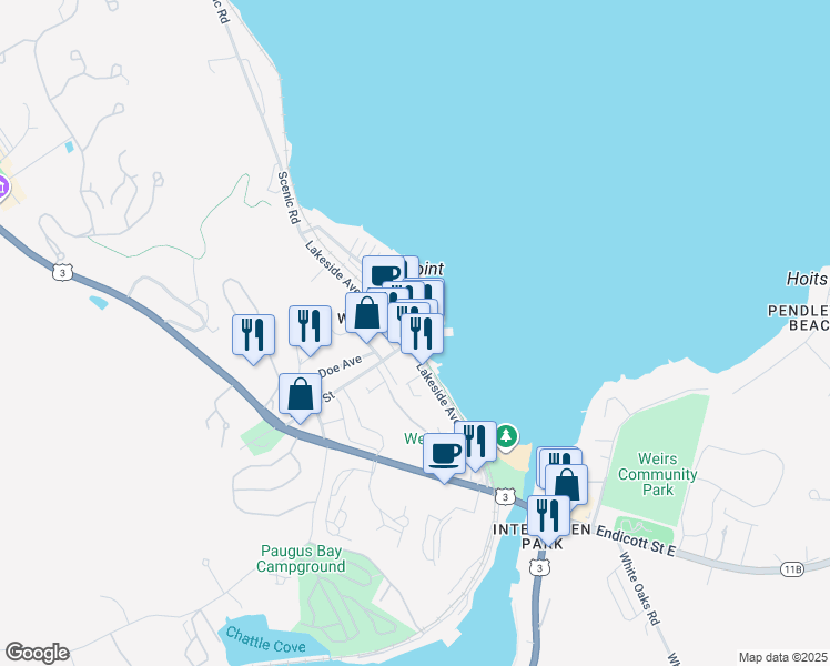 map of restaurants, bars, coffee shops, grocery stores, and more near 279 Lakeside Avenue in Laconia