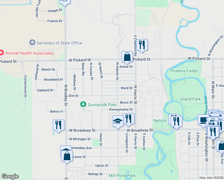 map of restaurants, bars, coffee shops, grocery stores, and more near 1109 Elm Street in Mount Pleasant