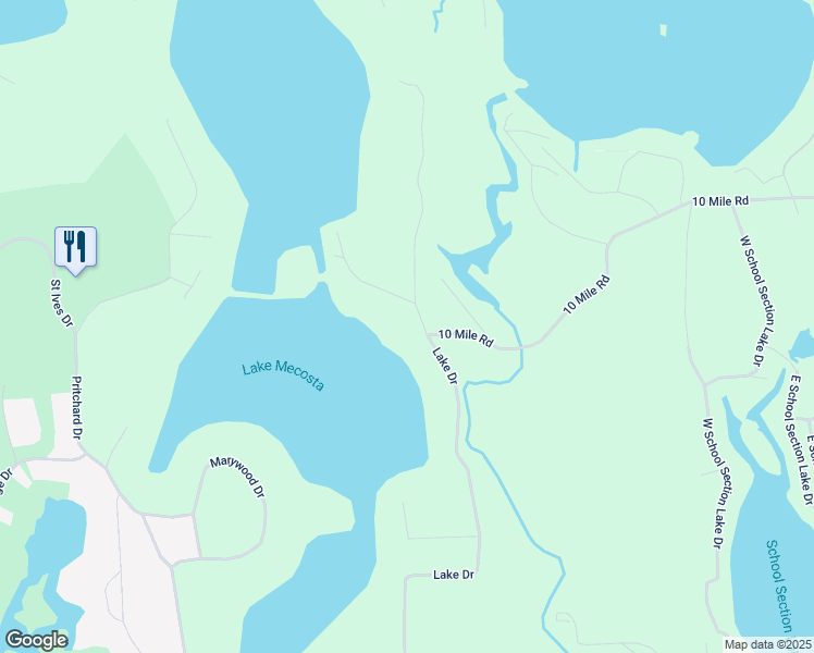 map of restaurants, bars, coffee shops, grocery stores, and more near 9705 Lake Drive in Mecosta