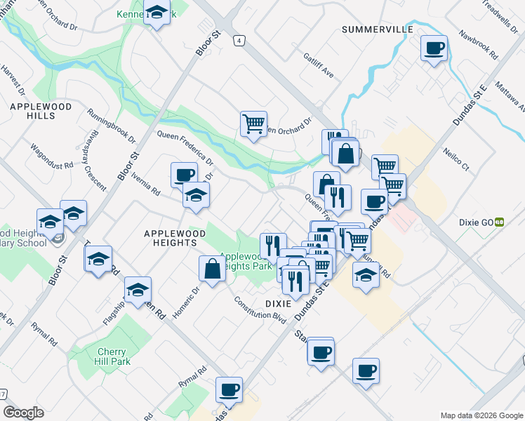 map of restaurants, bars, coffee shops, grocery stores, and more near 1200 Gripsholm Road in Mississauga