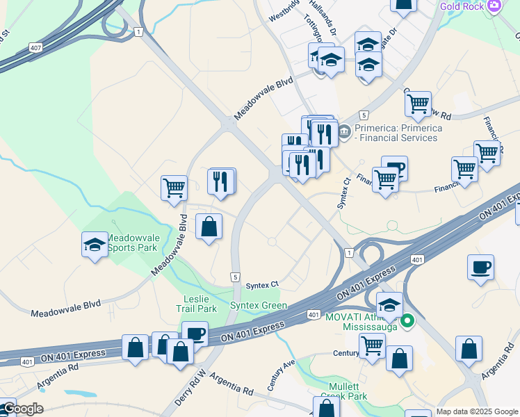 map of restaurants, bars, coffee shops, grocery stores, and more near 2100 Derry Road West in Mississauga
