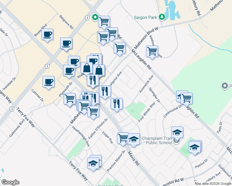 map of restaurants, bars, coffee shops, grocery stores, and more near 766 Ashprior Avenue in Mississauga