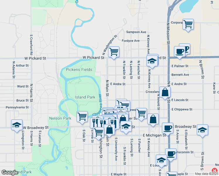 map of restaurants, bars, coffee shops, grocery stores, and more near 510 North Main Street in Mount Pleasant
