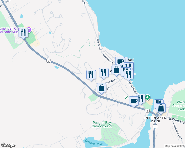 map of restaurants, bars, coffee shops, grocery stores, and more near 233 Endicott Street North in Laconia