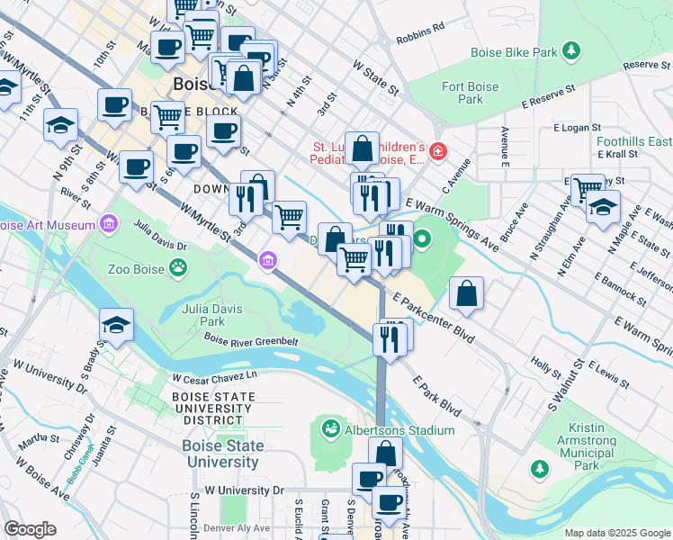 map of restaurants, bars, coffee shops, grocery stores, and more near 270 East Myrtle Street in Boise