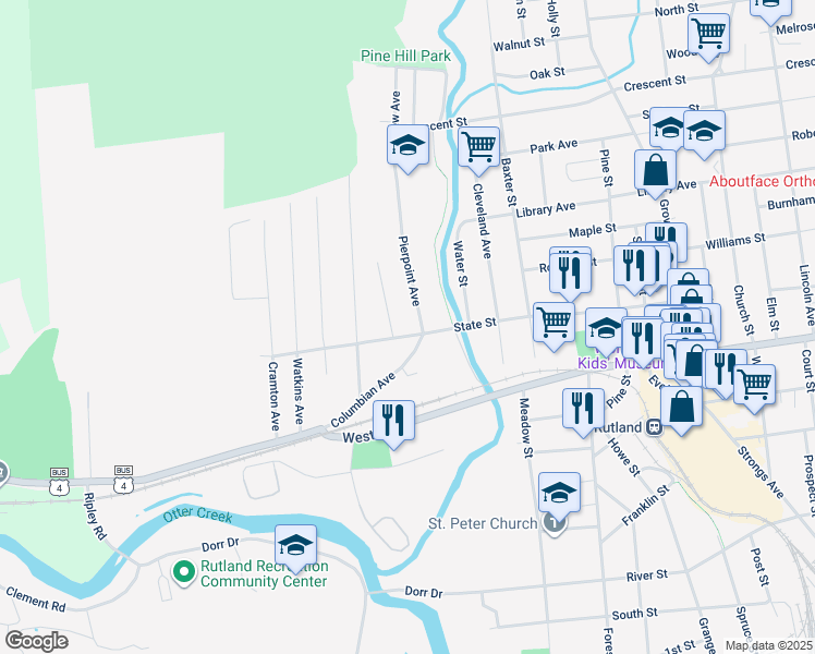 map of restaurants, bars, coffee shops, grocery stores, and more near 205 Columbian Avenue in Rutland
