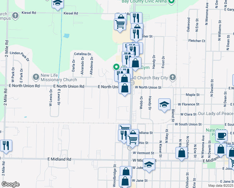 map of restaurants, bars, coffee shops, grocery stores, and more near 4551 Mocasa Court in Bay City