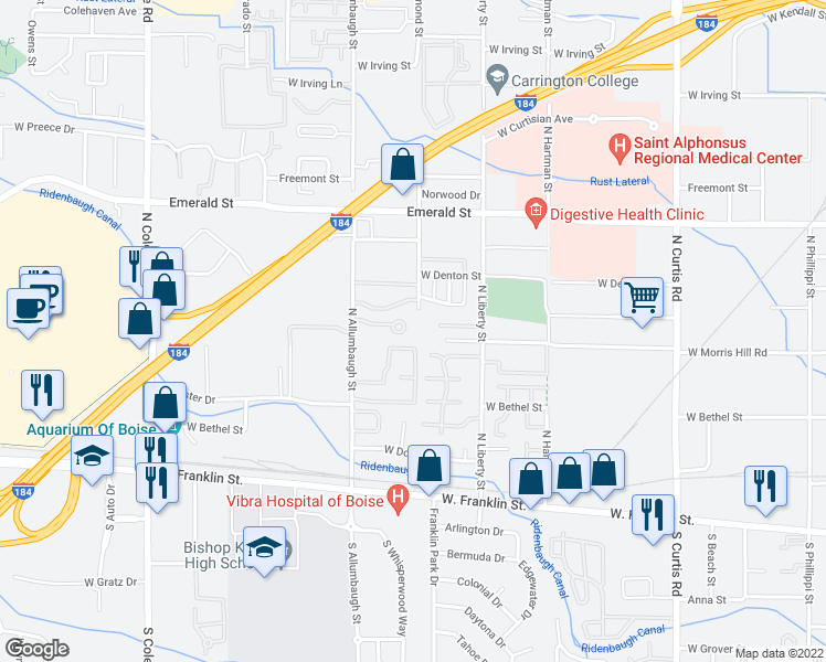 map of restaurants, bars, coffee shops, grocery stores, and more near 6611 West Morris Hill Lane in Boise