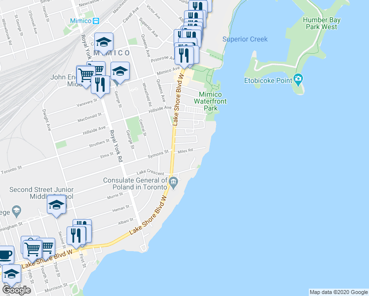 map of restaurants, bars, coffee shops, grocery stores, and more near 36 Miles Road in Toronto