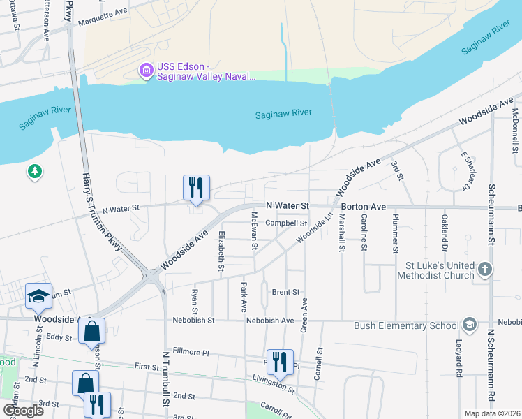 map of restaurants, bars, coffee shops, grocery stores, and more near 315 McEwan Street in Bay City