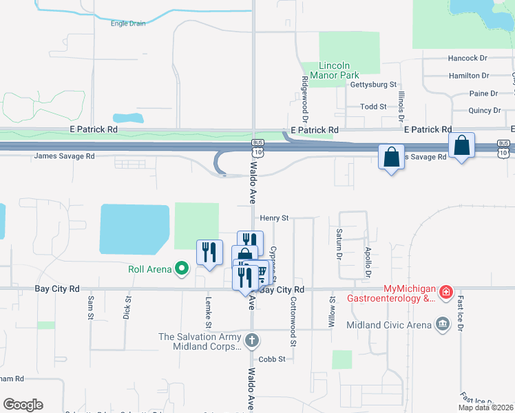 map of restaurants, bars, coffee shops, grocery stores, and more near 805 Waldo Avenue in Midland