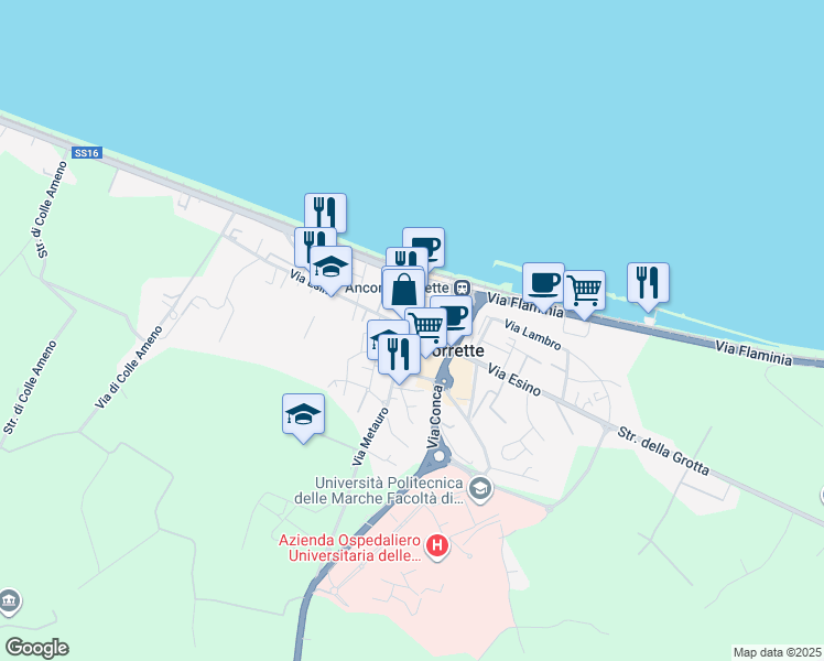 map of restaurants, bars, coffee shops, grocery stores, and more near 60 Via Metauro in Taglio di Torrette