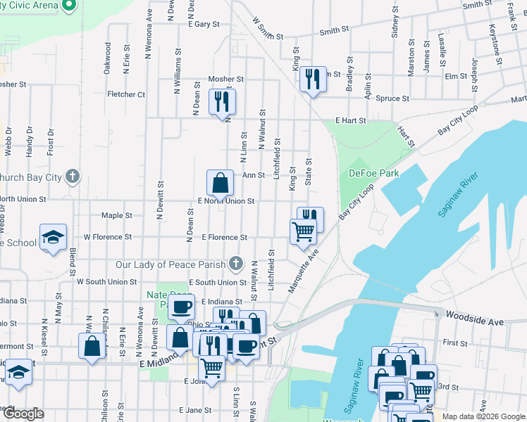 map of restaurants, bars, coffee shops, grocery stores, and more near 705 North Walnut Street in Bay City