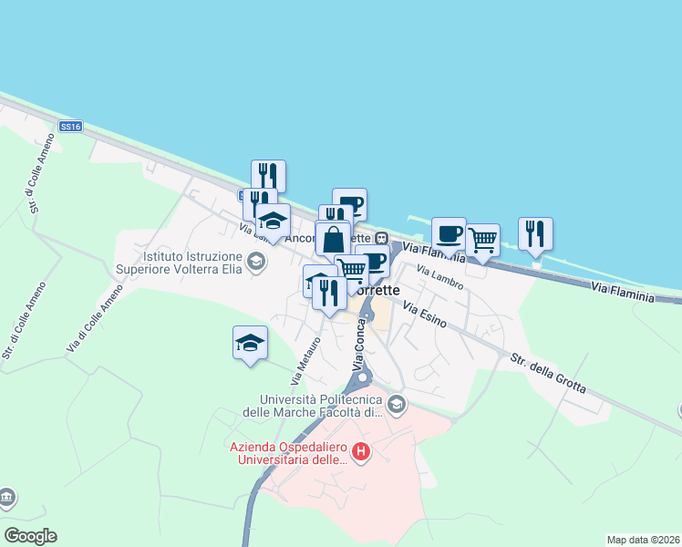 map of restaurants, bars, coffee shops, grocery stores, and more near 60 Via Metauro in Taglio di Torrette