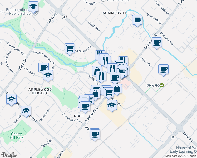 map of restaurants, bars, coffee shops, grocery stores, and more near 3065 Queen Frederica Drive in Mississauga