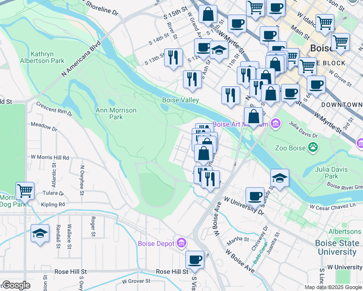map of restaurants, bars, coffee shops, grocery stores, and more near 1033 West Royal Boulevard in Boise