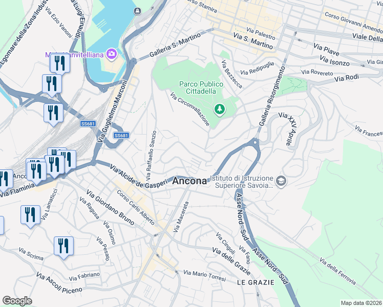 map of restaurants, bars, coffee shops, grocery stores, and more near 14 Via Giuseppe Verdi in Ancona