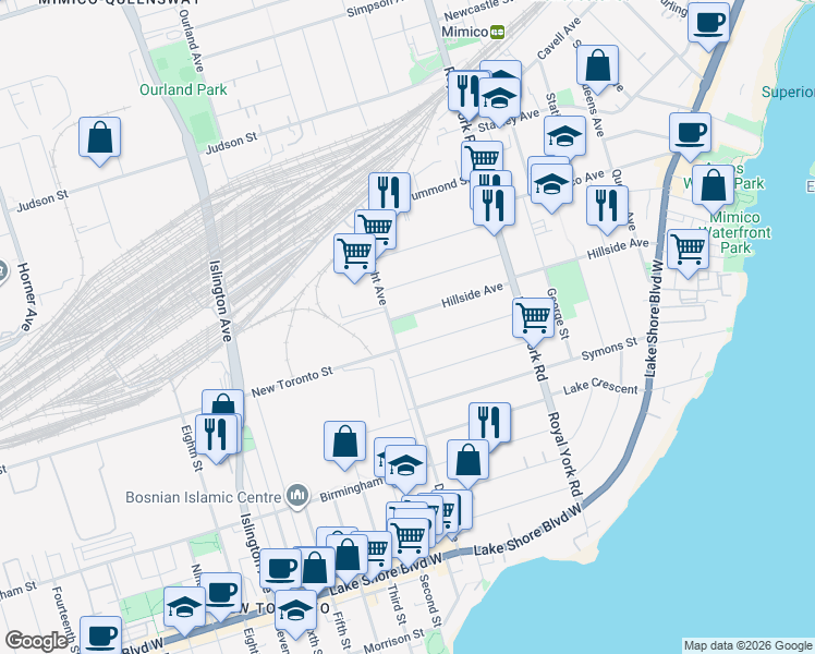 map of restaurants, bars, coffee shops, grocery stores, and more near 196 Hillside Avenue in Toronto