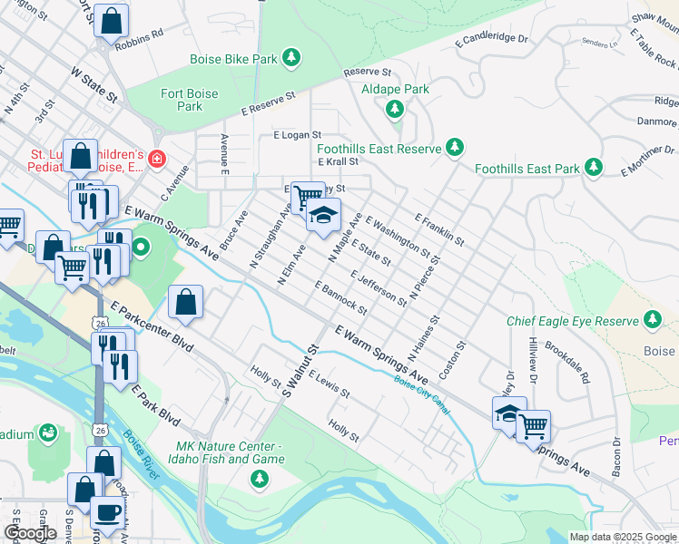 map of restaurants, bars, coffee shops, grocery stores, and more near 908 East Jefferson Street in Boise