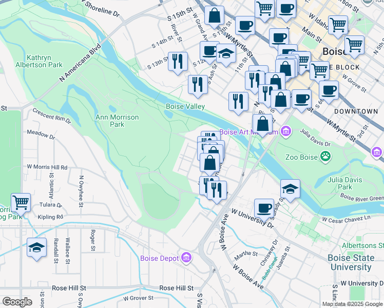 map of restaurants, bars, coffee shops, grocery stores, and more near 1017 South Dale Street in Boise