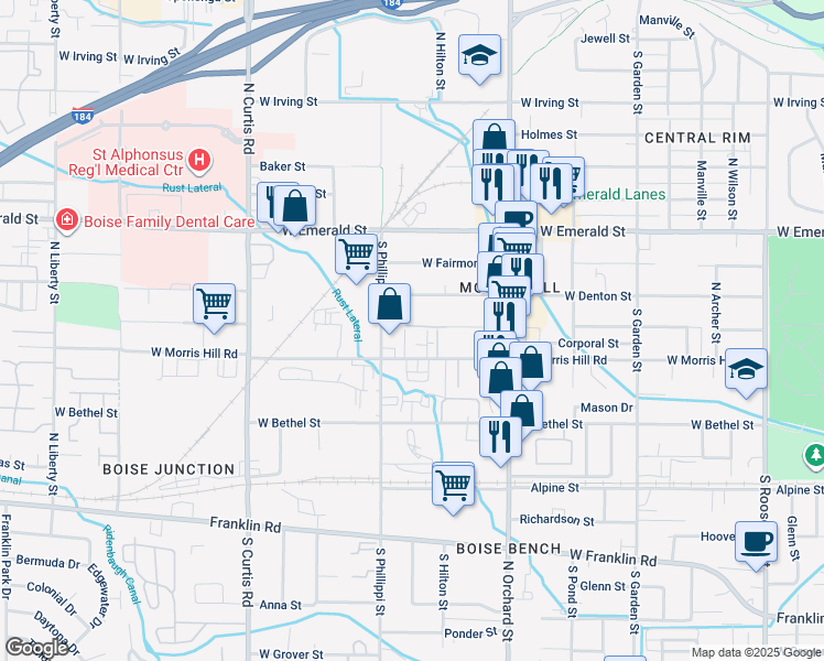 map of restaurants, bars, coffee shops, grocery stores, and more near 5225 West Denton Street in Boise