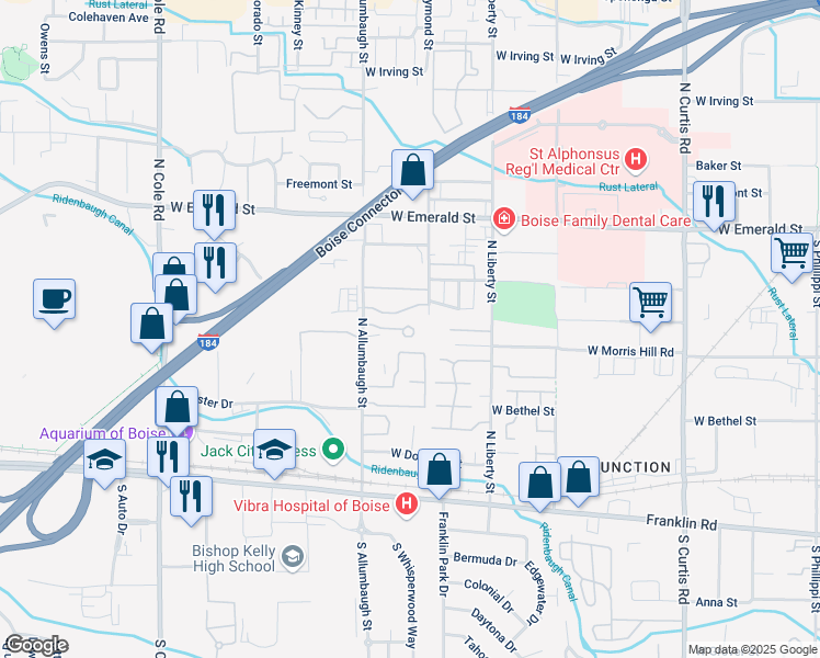 map of restaurants, bars, coffee shops, grocery stores, and more near 6680 West Clinton Lane in Boise