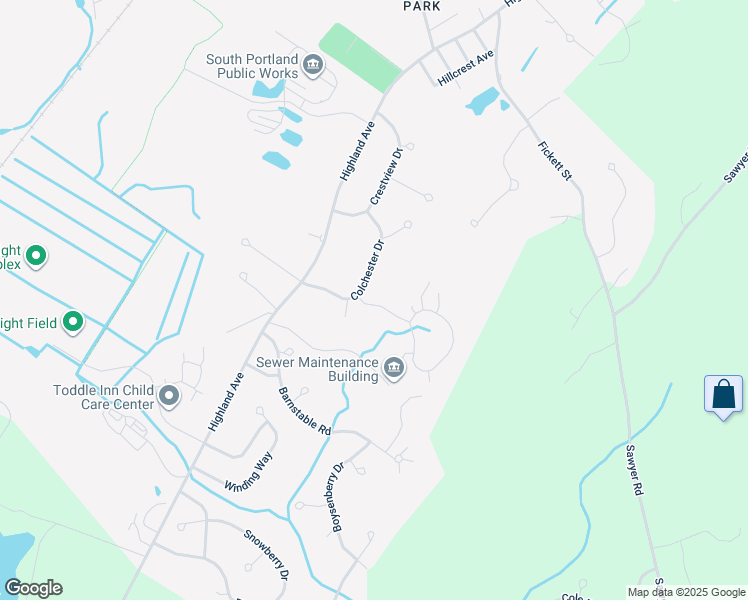 map of restaurants, bars, coffee shops, grocery stores, and more near 67 Colchester Drive in South Portland