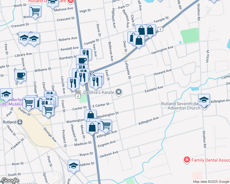 map of restaurants, bars, coffee shops, grocery stores, and more near 28 East Street in Rutland