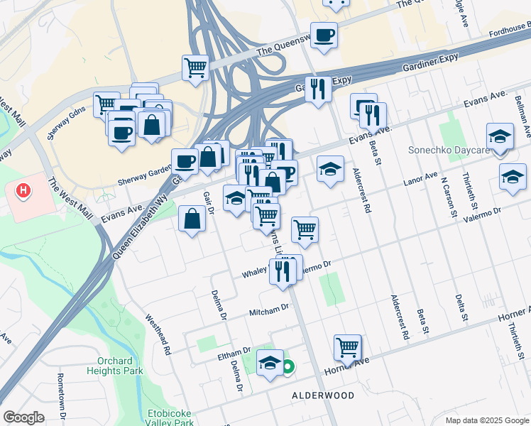 map of restaurants, bars, coffee shops, grocery stores, and more near in Toronto