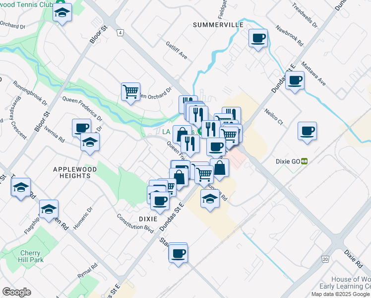 map of restaurants, bars, coffee shops, grocery stores, and more near 3085 Queen Frederica Drive in Mississauga