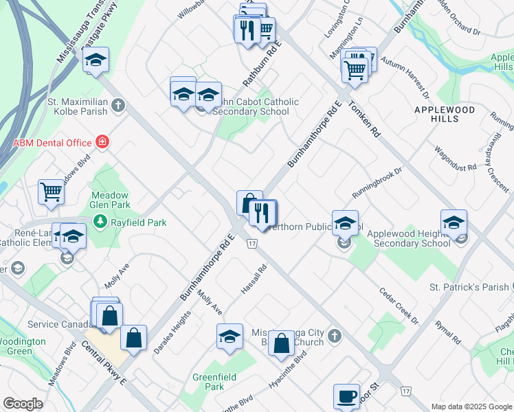 map of restaurants, bars, coffee shops, grocery stores, and more near in Mississauga