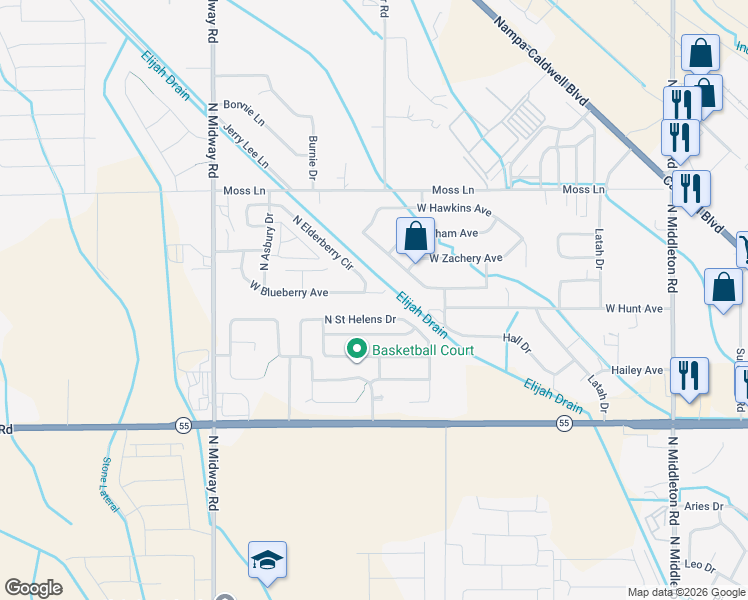 map of restaurants, bars, coffee shops, grocery stores, and more near 11676 West Huckleberry Drive in Nampa