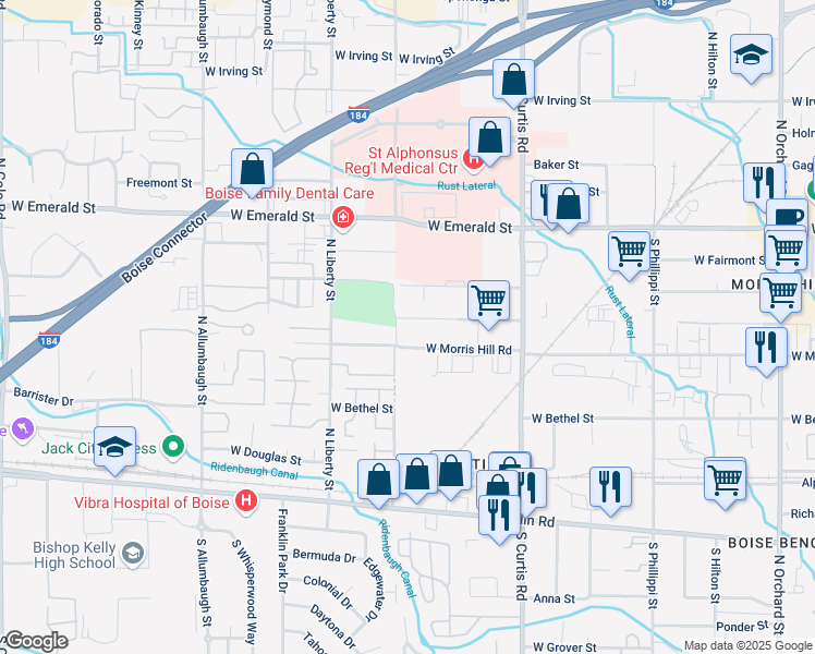 map of restaurants, bars, coffee shops, grocery stores, and more near 6030 West Clinton Street in Boise
