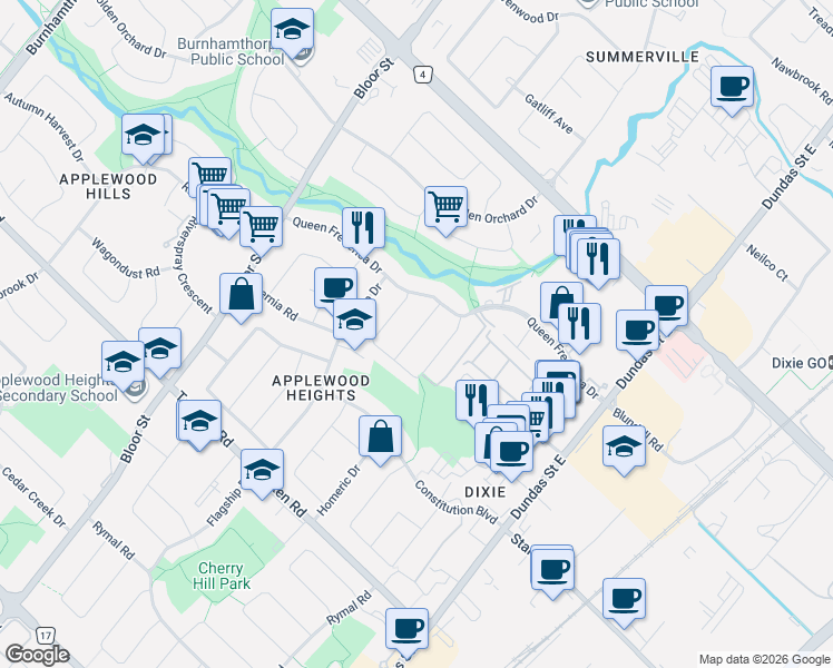 map of restaurants, bars, coffee shops, grocery stores, and more near 1188 Westerdam Road in Mississauga