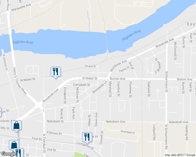 map of restaurants, bars, coffee shops, grocery stores, and more near 198 Atlantic Street in Bay City