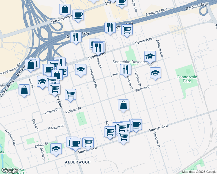 map of restaurants, bars, coffee shops, grocery stores, and more near 233 Beta Street in Toronto
