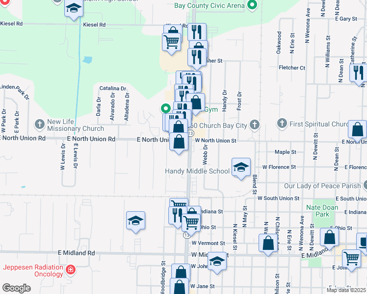 map of restaurants, bars, coffee shops, grocery stores, and more near 745 North Euclid Avenue in Bay City