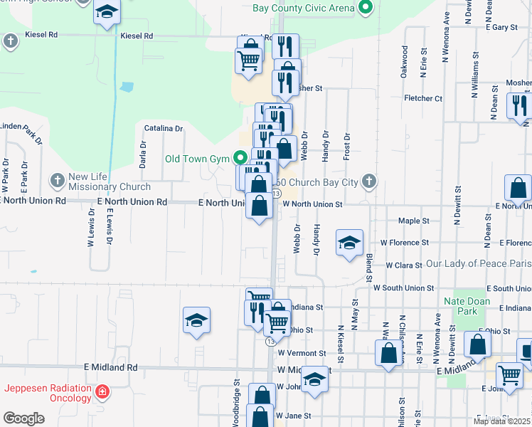 map of restaurants, bars, coffee shops, grocery stores, and more near 745 North Euclid Avenue in Bay City