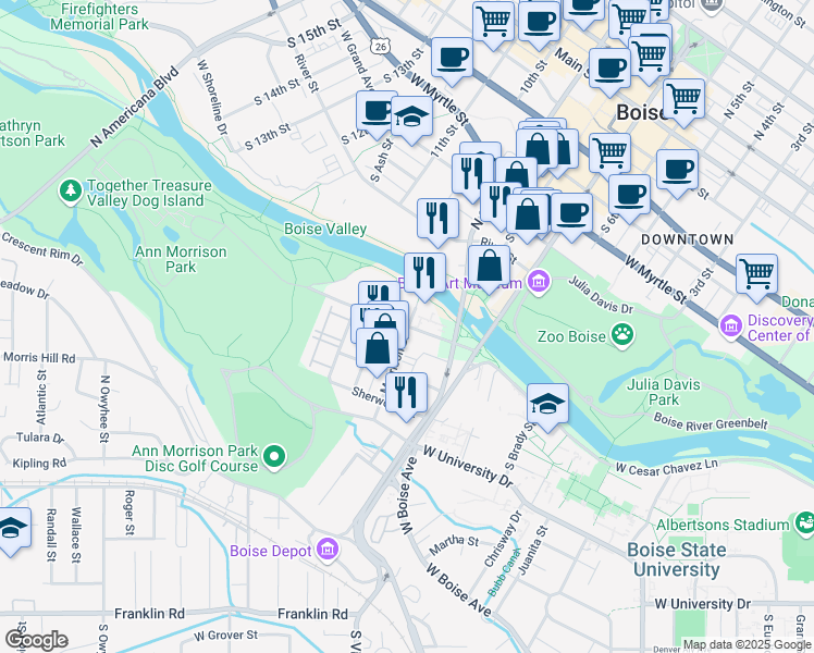 map of restaurants, bars, coffee shops, grocery stores, and more near 1910 West University Drive in Boise