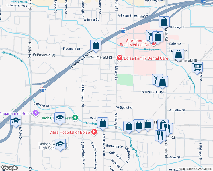 map of restaurants, bars, coffee shops, grocery stores, and more near 544 Weaver Avenue in Boise