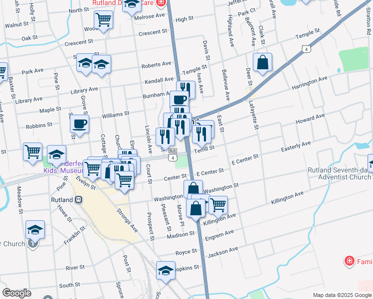 map of restaurants, bars, coffee shops, grocery stores, and more near 12 North Main Street in Rutland
