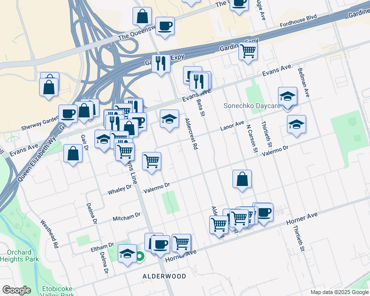map of restaurants, bars, coffee shops, grocery stores, and more near in Toronto