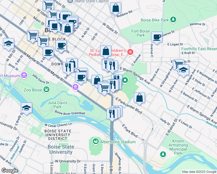 map of restaurants, bars, coffee shops, grocery stores, and more near 322 East Front Street in Boise