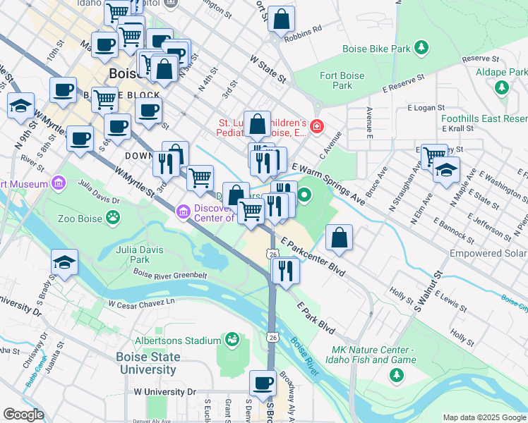 map of restaurants, bars, coffee shops, grocery stores, and more near 322 East Front Street in Boise